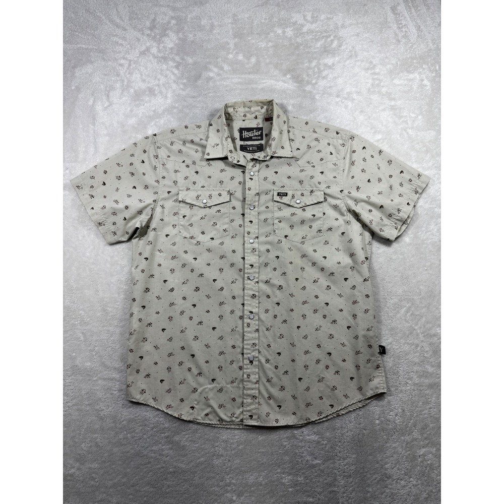 Howler Brothers Mens YETI Snap Floral Fish Tan Shirt M